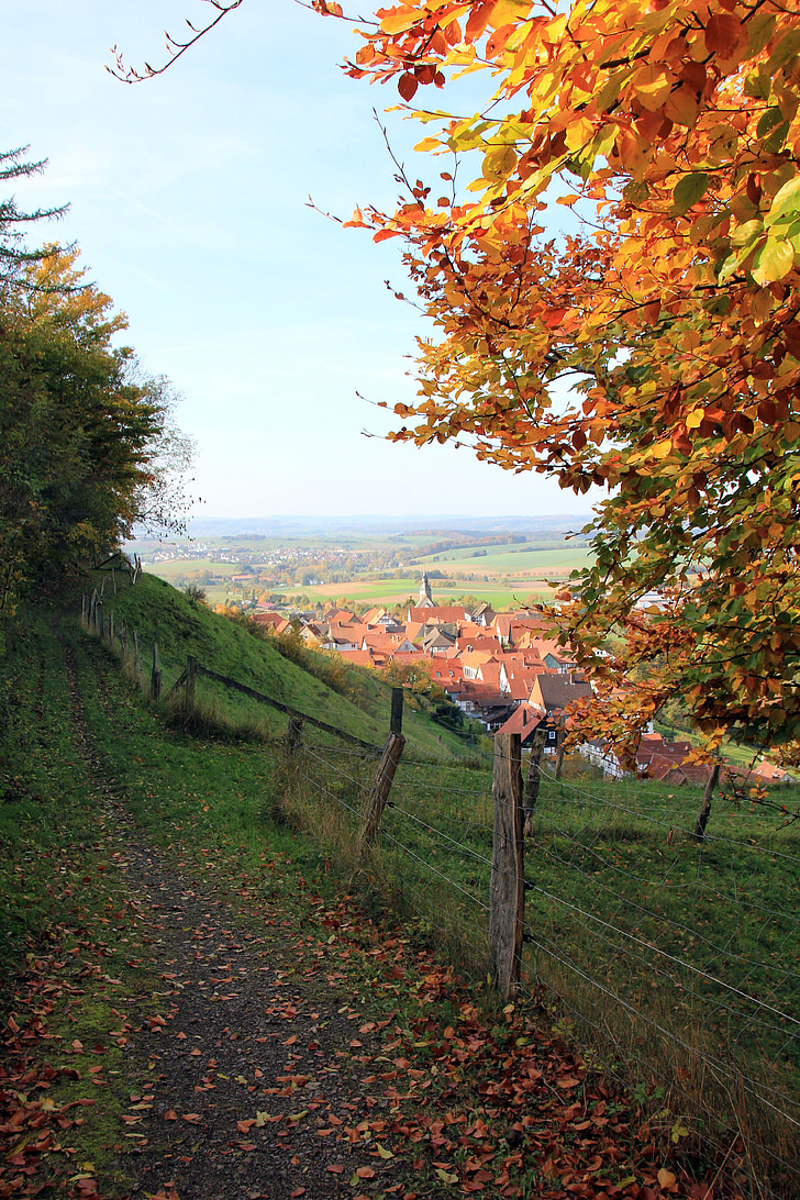 away, fence, landscape, teutoburg forest, village, view, leaves