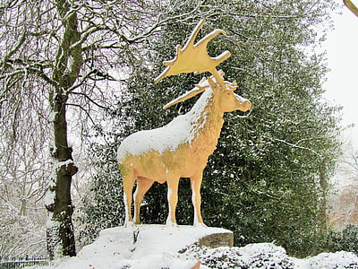 cerf, neige, hiver, statue de, cerf, Rennes, Palais de cristal