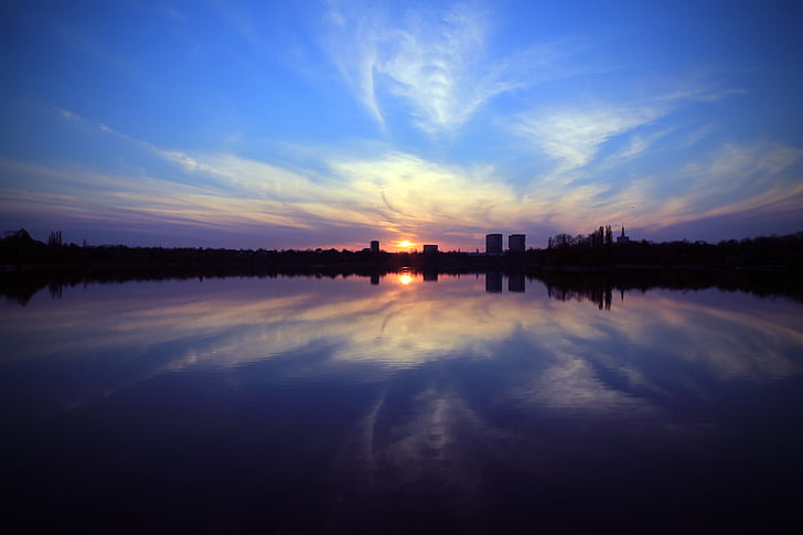 panoramatické, shot, město, poblíž, tělo, voda, Západ slunce