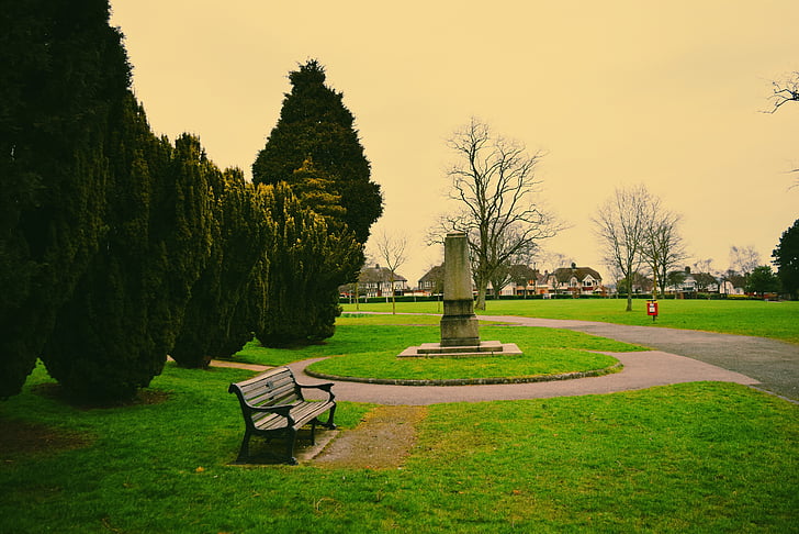 Parque, árboles, Banco de, Memorial, verde, hierba, Eastbourne