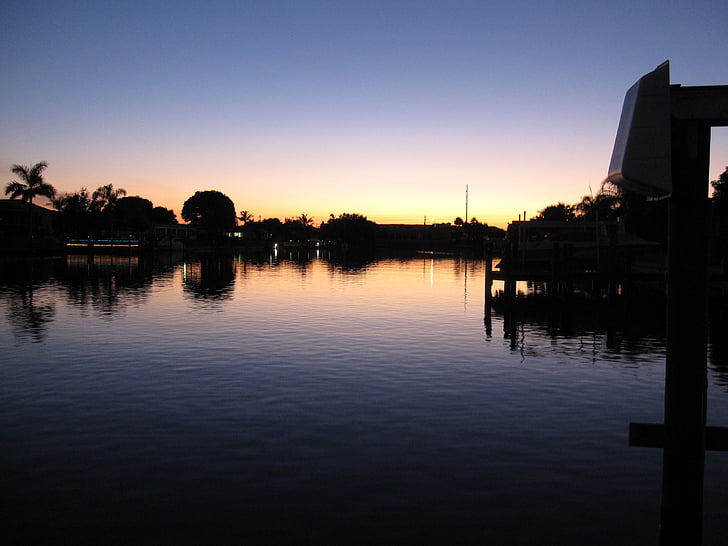 la Florida, Cape coral, canal, puesta de sol, Estados Unidos