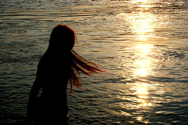 girl, shadow, sunset, long hair, wind, reflection