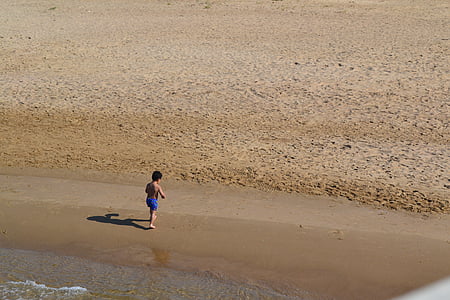 barn, stranden, sjøen, sand