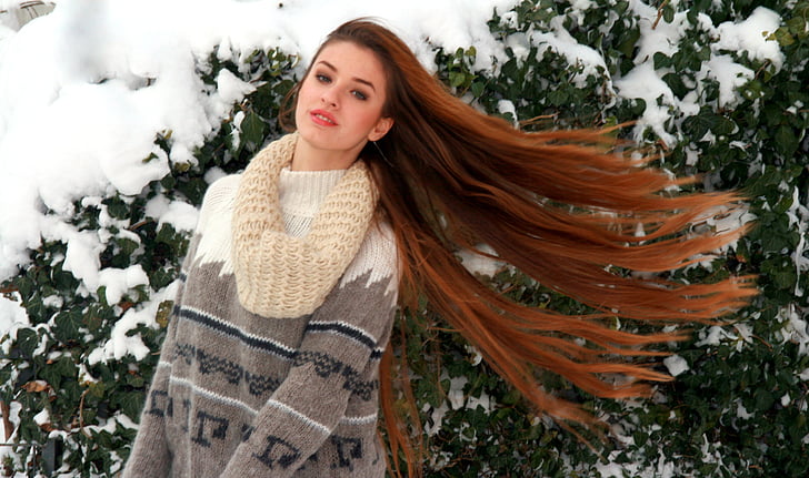 소녀, 긴 머리, 금발, 겨울, 눈, 아름다움, 매혹적인