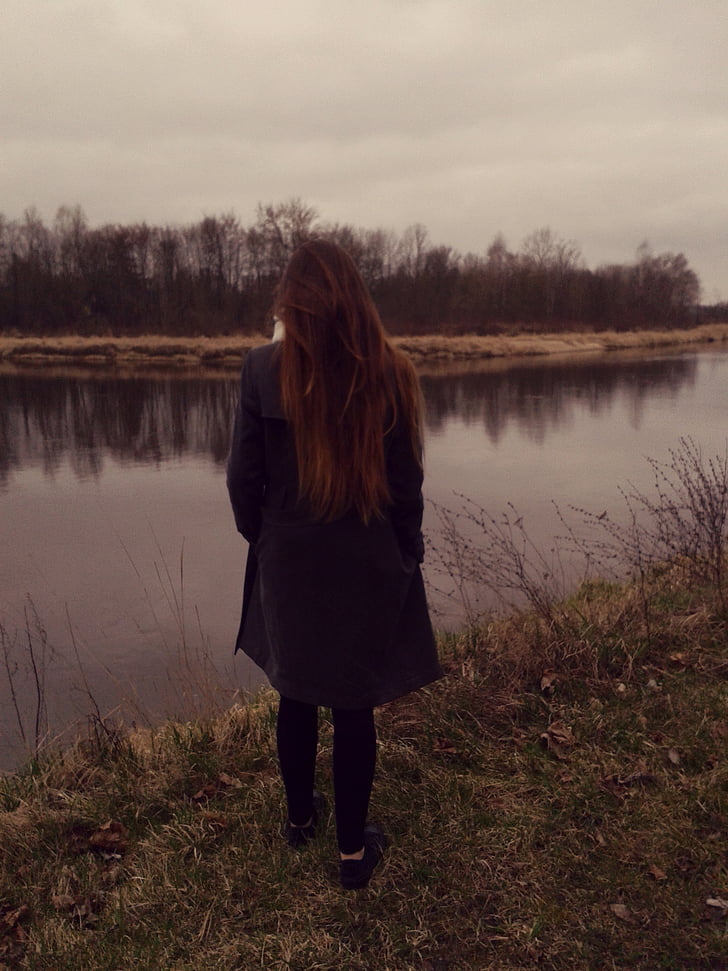 hình ảnh, người phụ nữ, đứng, gần, sông, Cô bé, nước
