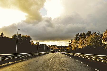 motorvei, kjørefelt, innlegg, lys, måte, trær, skyer