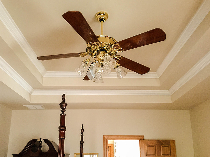 ceiling fan, tray ceiling, crown molding, light fixture, fan blades, cooling, electric fan