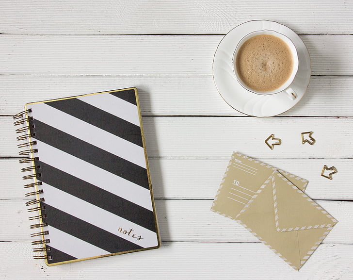 card, coffee, cup, envelopes, mug, notebook, paper