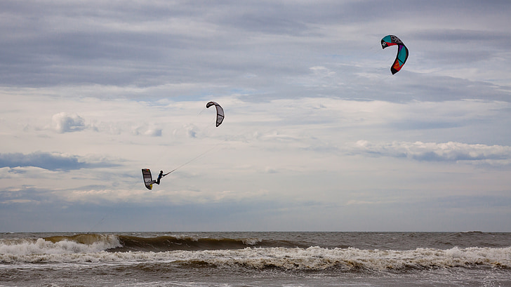 kitesurfer, kitesurfing, smoki, Sport, morze, Morza Północnego, zachód słońca