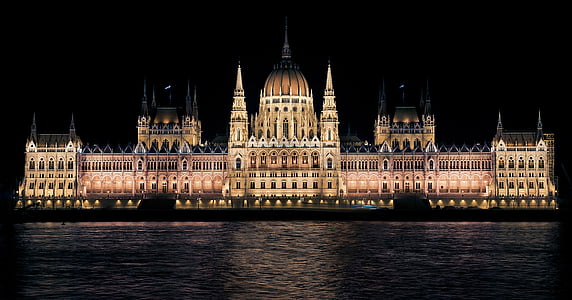 hungarian parliament, night, budapest, hungary, building, architecture, beautiful