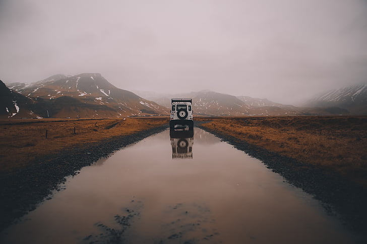 road, vehicle, mountains, reflect, clouds, grass, fog