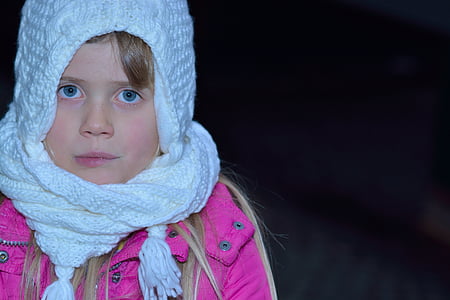 anak, Gadis, wajah, topi, gelap, dingin, musim dingin