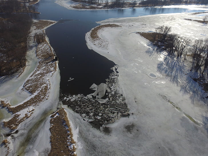 Drone, flusso del ghiaccio, fiume