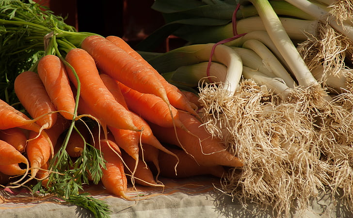 wortel, daun bawang, sayuran, pasar, kebun sayur, wortel, sayur