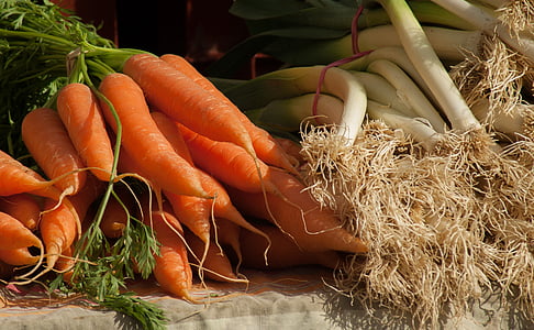 cenouras, alho-poró, produtos hortícolas, mercado, Horta, cenoura, vegetal