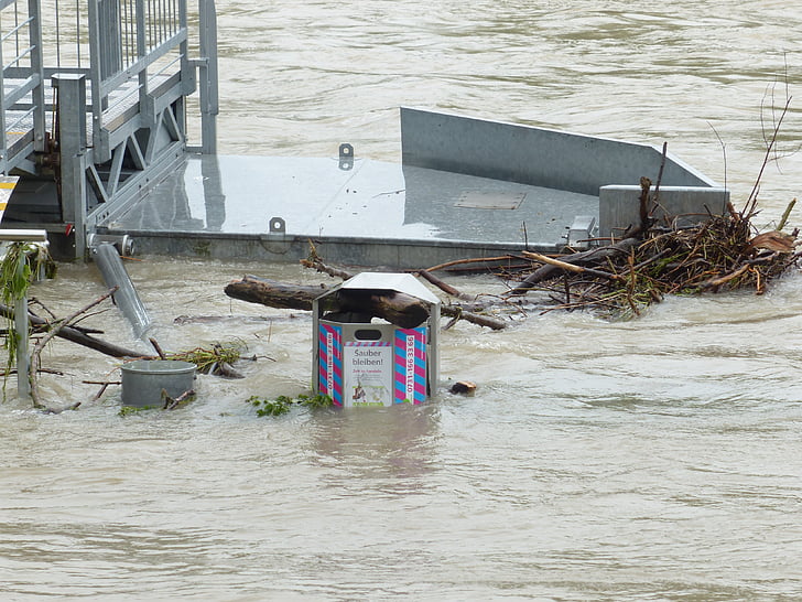 højvande, skraldespand, Bank, Donau, bred af Donau, oversvømmet, naturkatastrofe