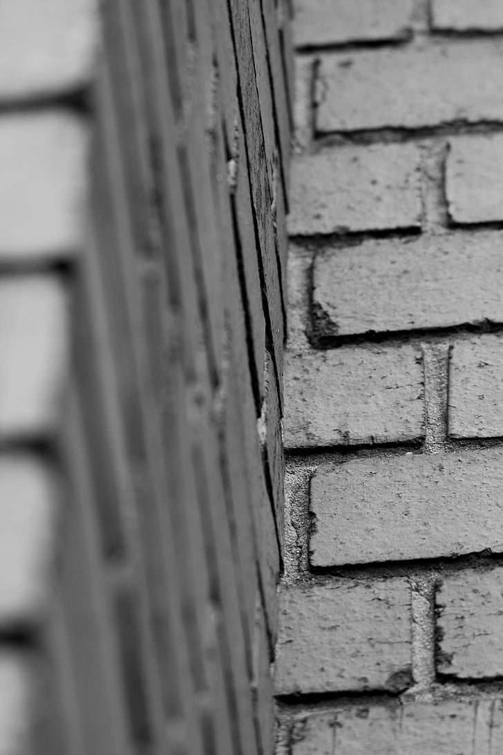 wall, brick, black and white, corner, rows, repetition