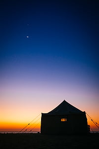 Camping, silhouet, hemel, zonsopgang, zonsondergang, tent, zee