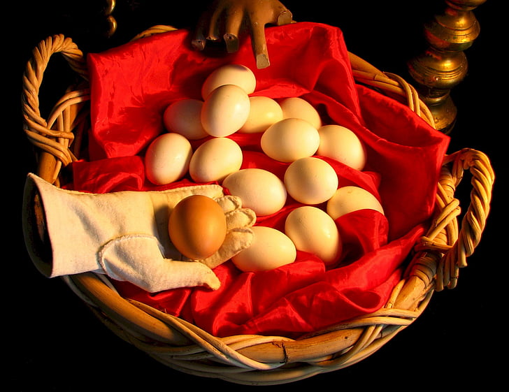 kiaušiniai, krepšys, vištienos, paukštis, pinti, balta, rudos spalvos