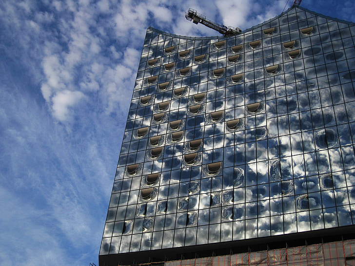 elbphilharmonie südansicht, store prosjekt, skyer reflektert, Hamburg, bygge, arkitektur, Speicherstadt