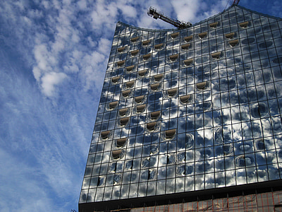 elbphilharmonie südansicht, major project, clouds reflected, hamburg, building, architecture, speicherstadt