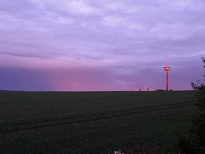 Torre de radio, Torre, puesta de sol, posluminiscencia, cielo, Crepúsculo, cielo de la tarde