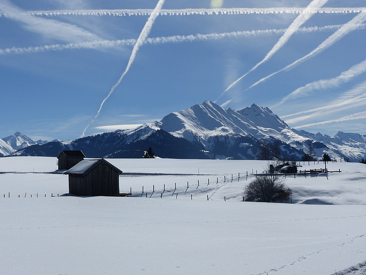 snowfield, heustadel, mountains, contrail, sky, high tauern