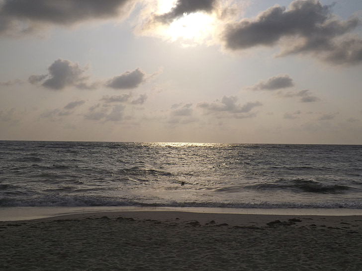 saulriets, jūra, viļņi, pludmale, rīta debesīs, vakara debesis, Hondurasa