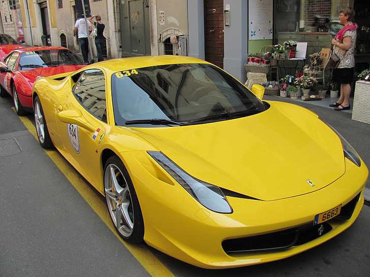 Auto, super voiture, Ferrari, jaune, voiture de sport, parking