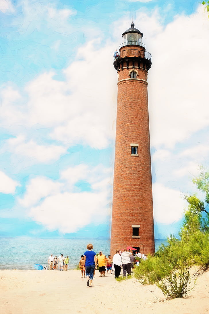 michigan lighthouse, summer, red brick, michigan, landmark, architecture, coast