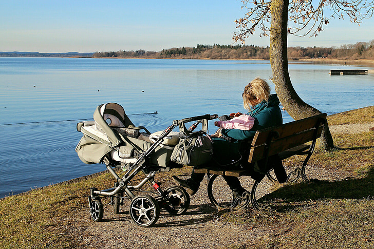 baby carriage, nature, water, lake, bench, rest, break