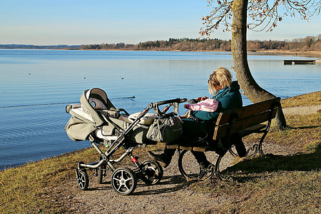 Dětské kočárky s kolébkou, Příroda, voda, jezero, Lavička, odpočinek, přestávka