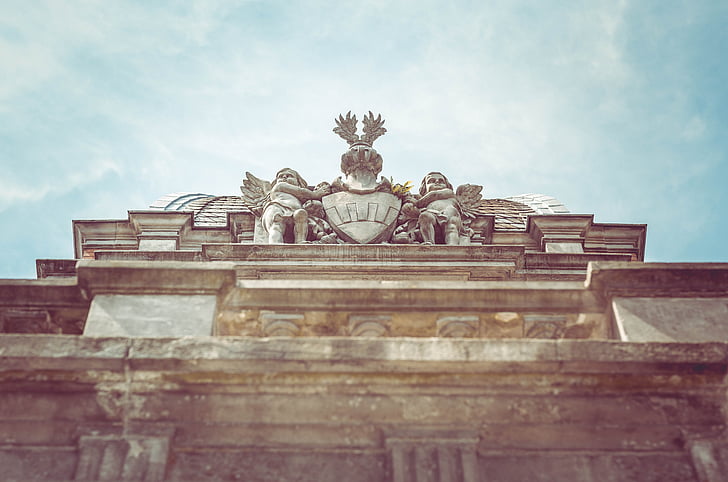 angel, roman, architecture, building, sculpture, roof, coat of arms
