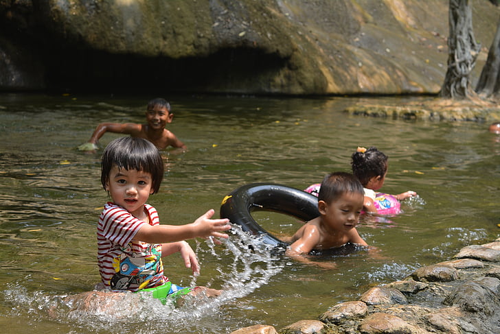 thác nước, trẻ em, Dễ thương, mùa hè, bơi, sông