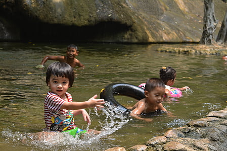waterfall, kids, cute, summer, the swimming pool, river