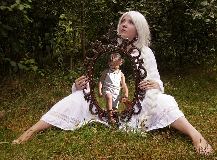 person, child, mirror, outdoors, family, mother, people