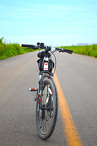 krajolik, bicikl, brdski bicikl, jahanje, autocesta, plavo nebo i bijeli oblaci, sela ceste