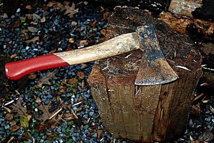 ax, hatchet, block, wood, chips, gravel