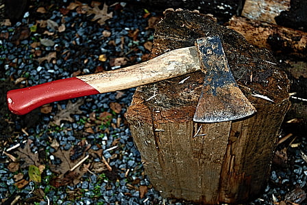 ax, hatchet, block, wood, chips, gravel