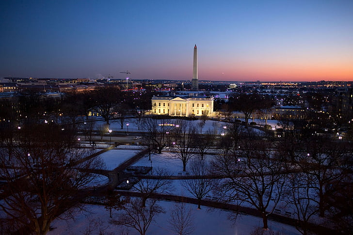 white house, mansion, president, home, sunset, dusk, snow