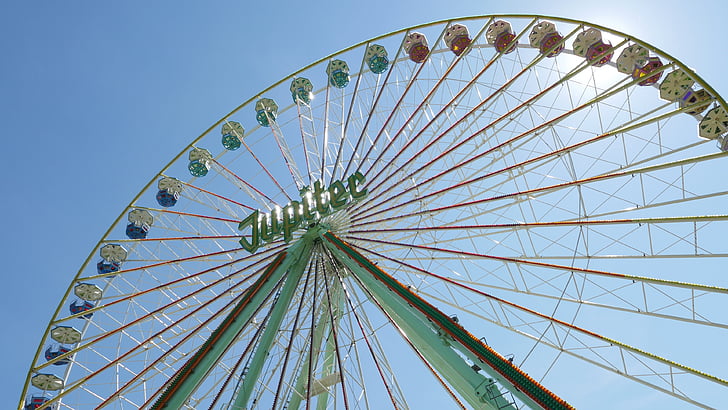 ferris wheel, blue sky, ride, sky, blue, fair, attraction