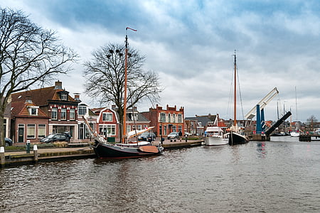 Lemmer, port, Pays-Bas, Holland, canal, bleu, Sky