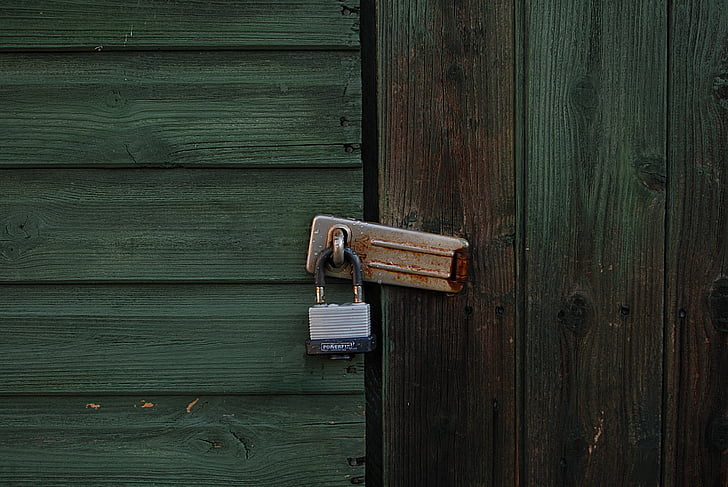 green, wood, padlock, rustic, shed, unlock, rusty