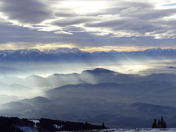 Austrija, Karintijos, sniego, kalnų, Debesis, žiemą, Gamta