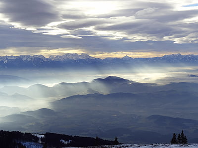 Austria, Carintia, nieve, montaña, nube, invierno, naturaleza