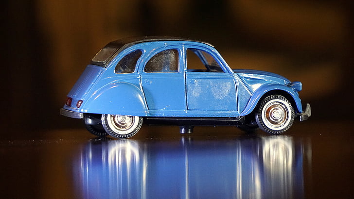 l'automòbil, joguina, auto antic, anyada, Citroën, dos cavallos, blau