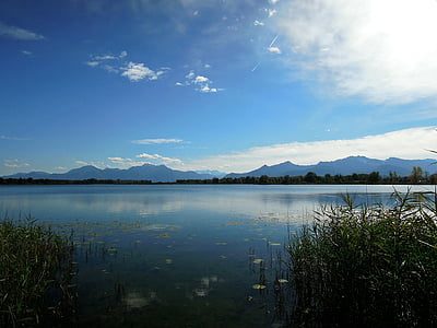 táj, Chiemsee, Felső-Bajorország, tó, hegyek, felhők, kék