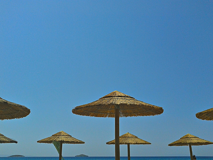 ビーチ, アンドロス島, ギリシャの島々, 美しいビーチ, パラソル, ギリシャ, umbrelas