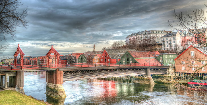 trondheim, norway, architecture, bridge, colorful, river, europe