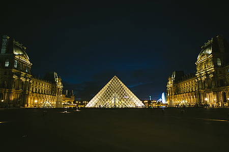 Louvren, museet, lampor, öppna, natt, tid, belysta